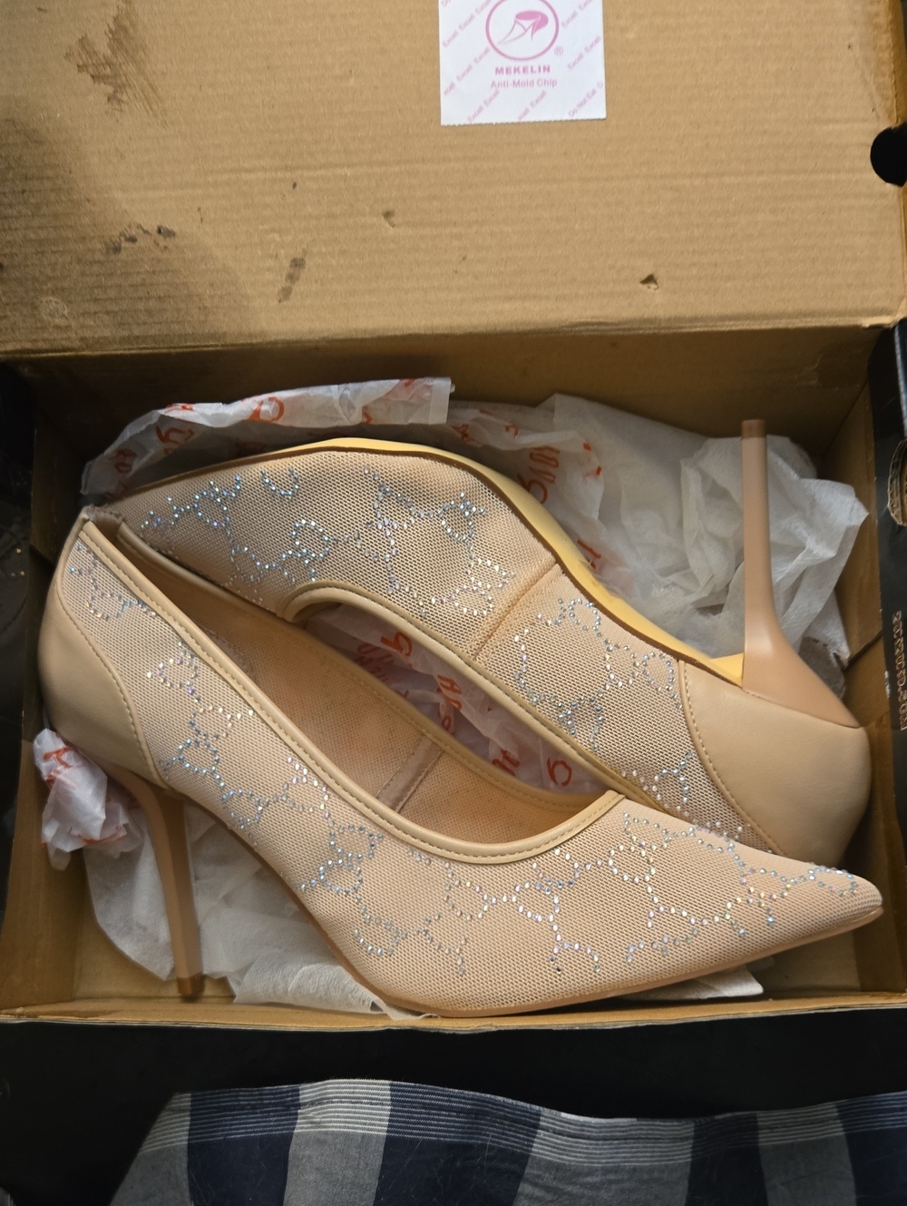 Beige Crystal Mesh Pointed Stiletto Heels